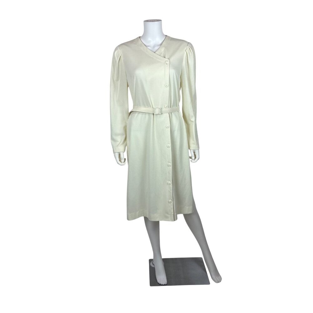 Vintage 80s Asymmetrical Dress Womens XL Cream Long Sleeve Belted Long Sleeve Po - Picture 1 of 11
